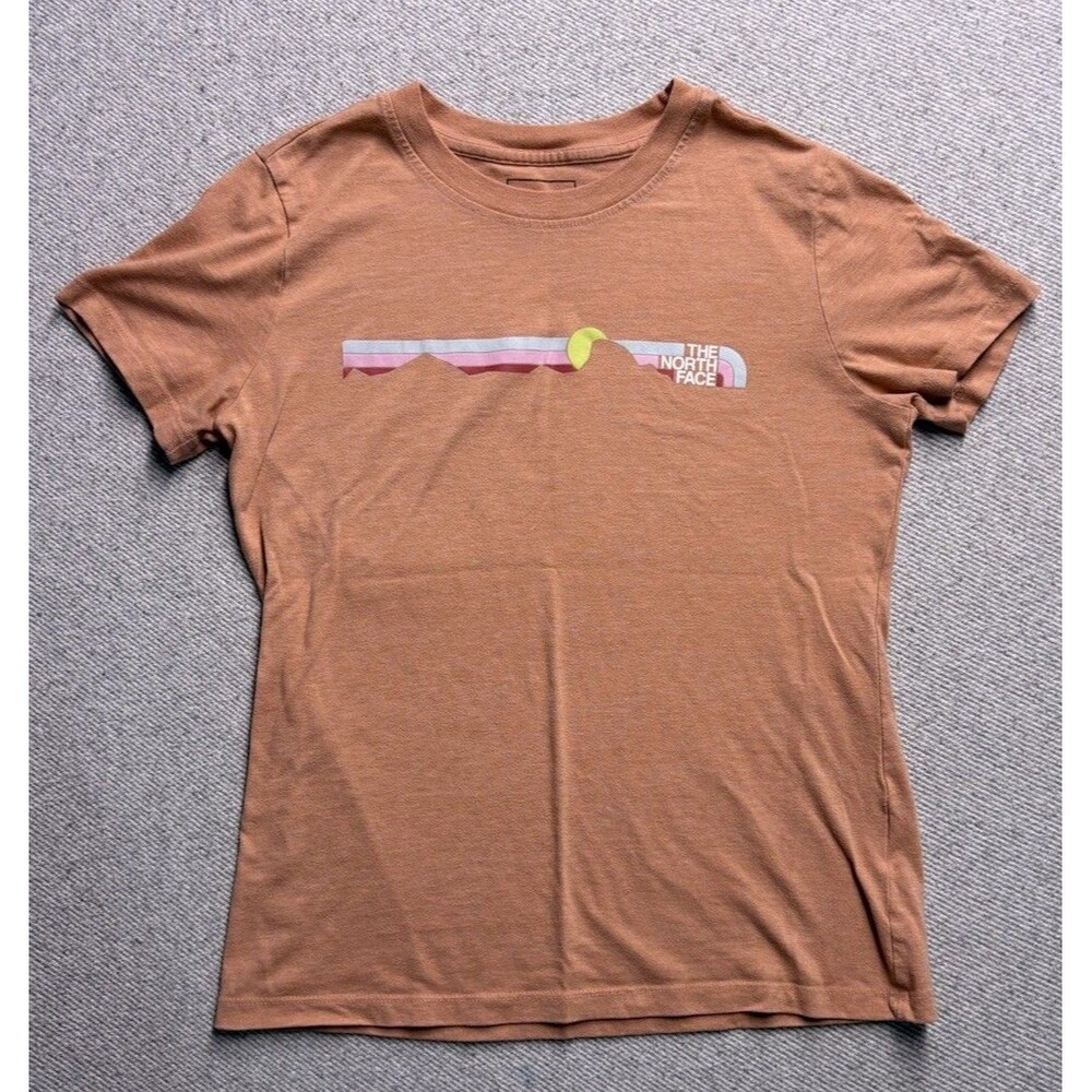 The North Face Women's Graphic T-Shirt Small Rusty Orange Pink Rainbow Mountains